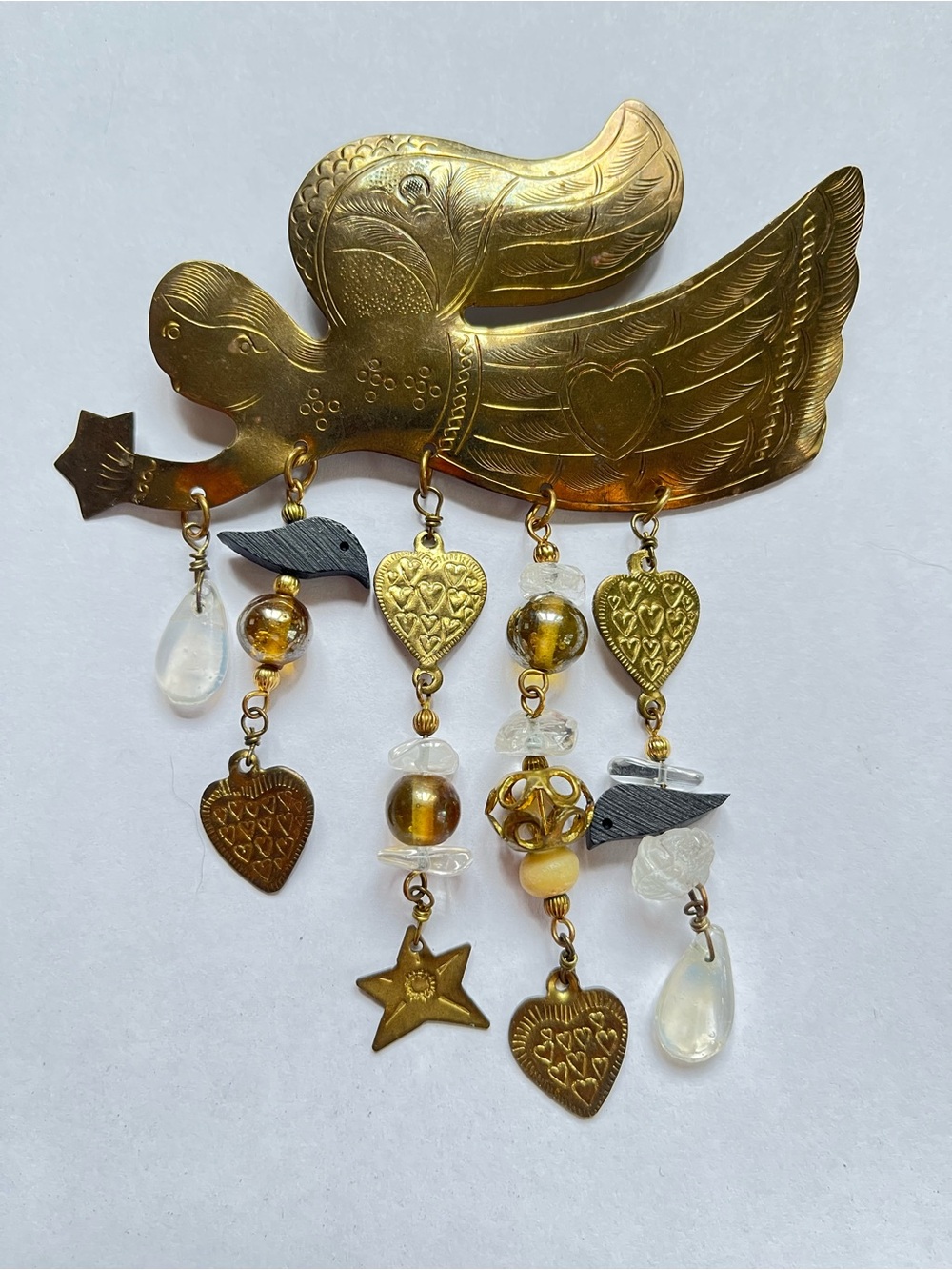 Artisan Angel Brooch huge statement Dangling beaded charms